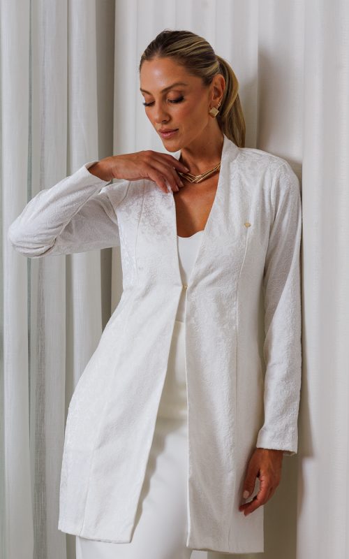 Jaleco-Elegance-Tecido-Jacquard-Persa-Sem-Gola-Decote-em-V-Manga-Longa