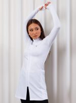 jaleco-flexivel-malha-maleavel-elastico-branco-slim-manga-longa-moderno-recortes-performance-desempenho-medicas-esteticistas-clinicas-saude-flex