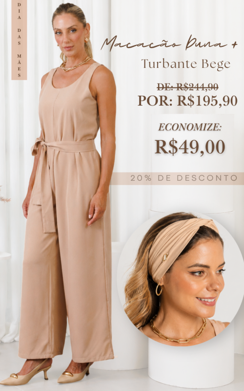 Combo Mãe Versátil: Macacão Duna + Faixa Turbante Bege