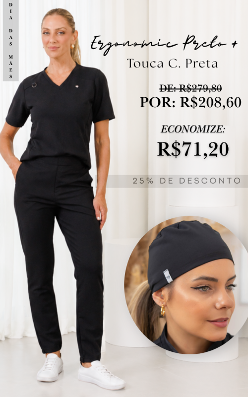 Combo Mãe Funcional: Scrub Ergonomic Preto + Touca Cirúrgica Preta