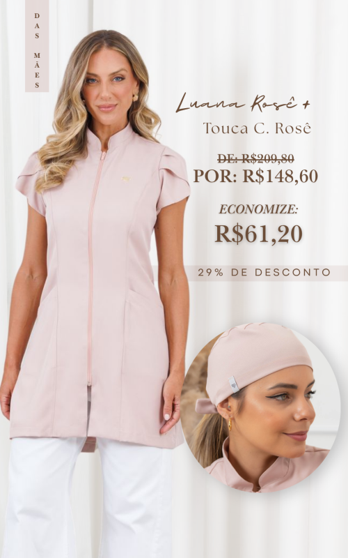 Combo Mãe Moderna: Jaleco Luana Rosê + Touca Cirúrgica Rosê