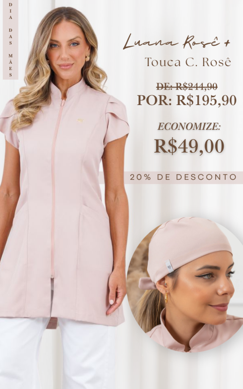 Combo Mãe Moderna: Jaleco Luana Rosê + Touca Cirúrgica Rosê