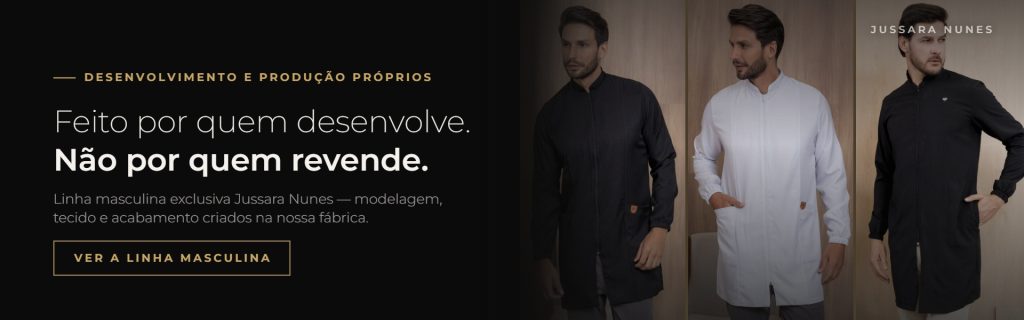 Jalecos e scrubs masculinos Jussara Nunes em gabardine e oxfordine para médicos, enfermeiros e dentistas, com desenvolvimento e produção próprios