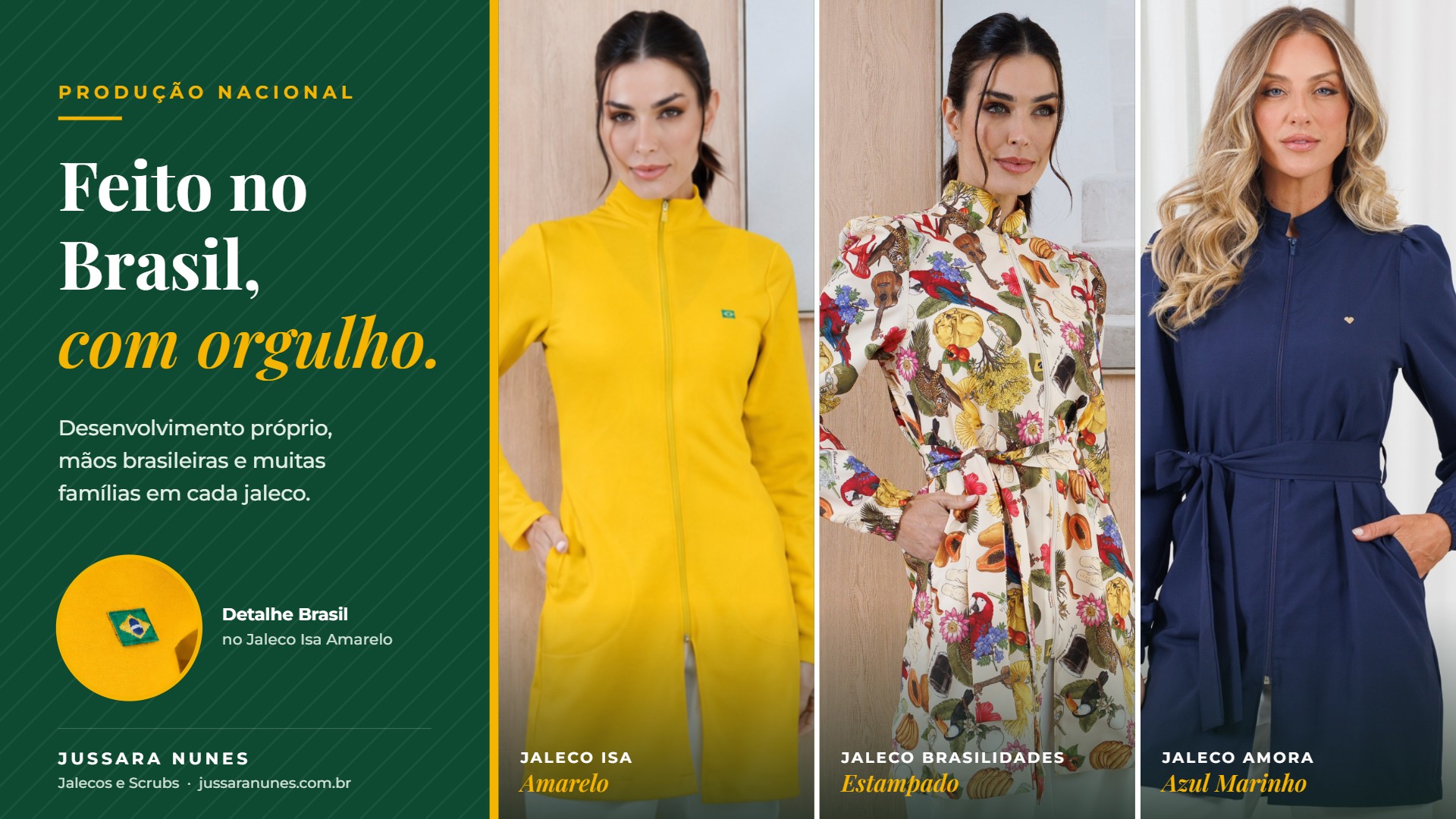 Jaleco Isa Amarelo, Jaleco Brasilidades estampado e Jaleco Amora Azul Marinho — jalecos femininos de produção nacional Jussara Nunes
