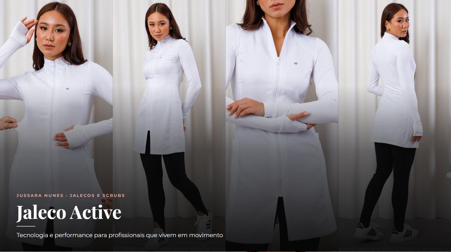 Jaleco Active da Jussara Nunes: jaleco tecnológico slim com malha stretch, ideal para fisioterapeutas e profissionais em movimento