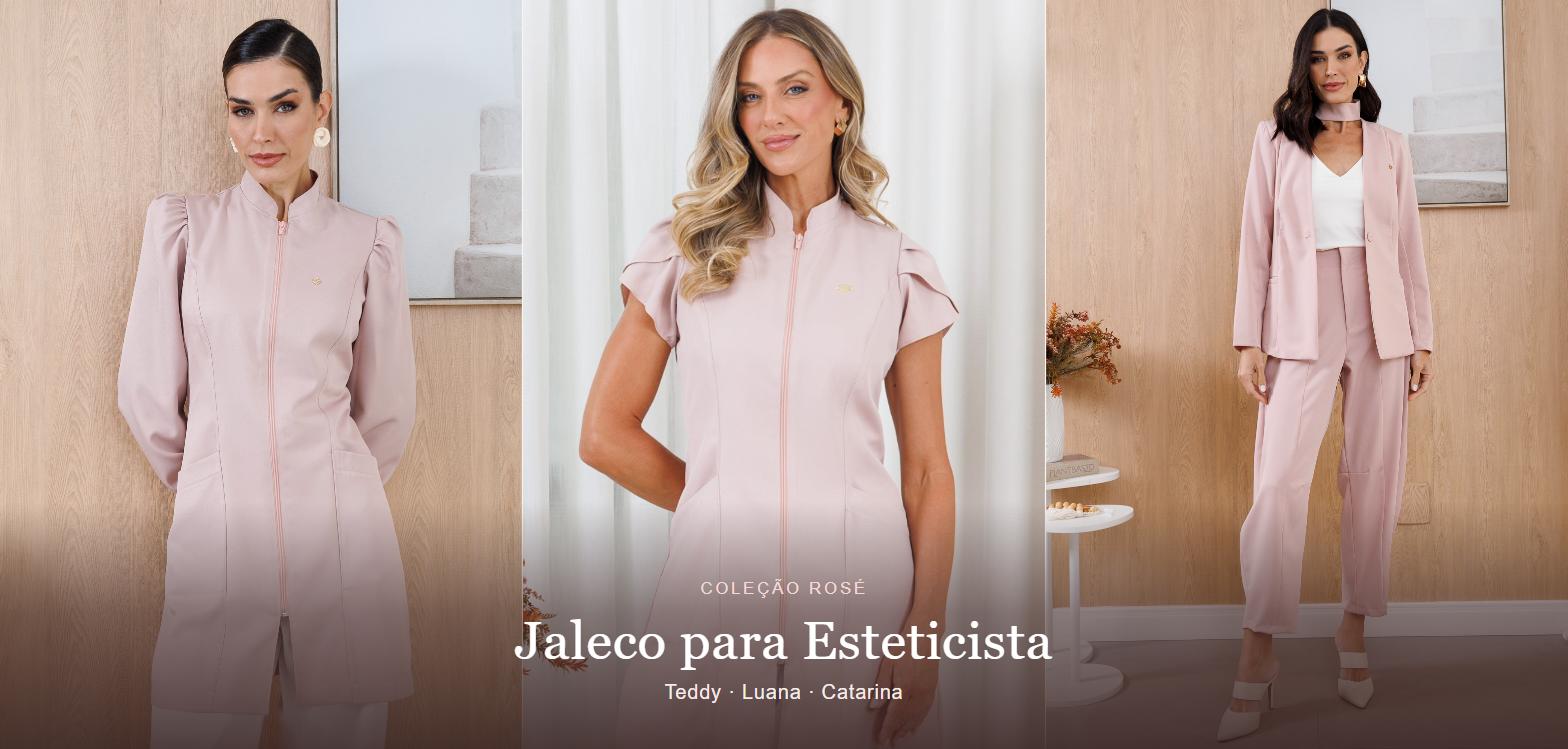 Jaleco rosé para esteticista - modelos Teddy, Luana e Catarina da Jussara Nunes