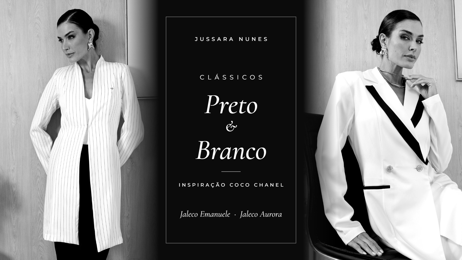 Clássicos em preto e branco com inspiração em Coco Chanel: Jaleco Emanuele risca de giz e Jaleco Aurora transpassado com lapela preta — Jussara Nunes