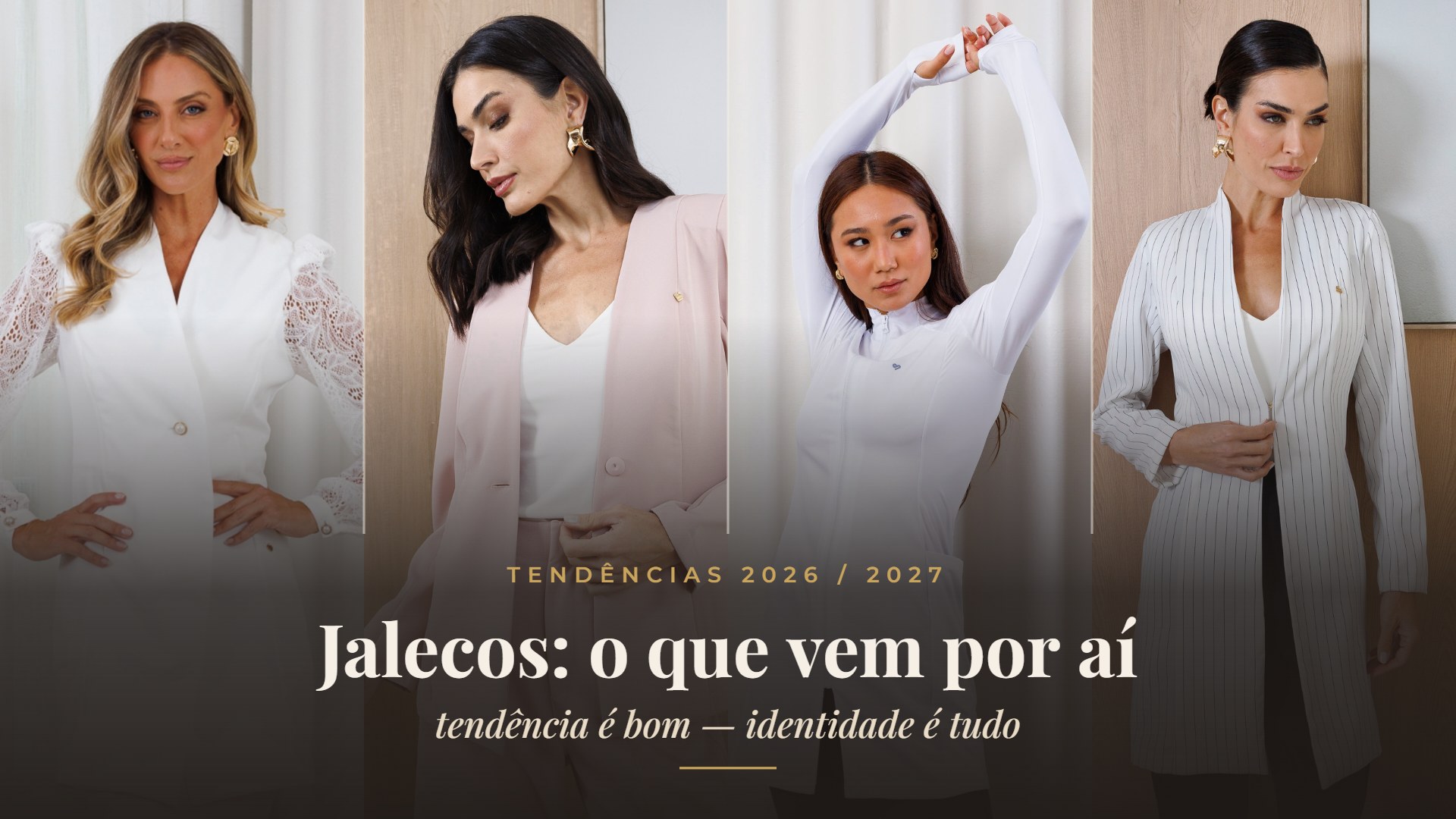 Tendências de jalecos 2026/2027: Jaleco Pérola com mangas de renda, conjunto Catarina blazer e calça ballon, Jaleco Active e Jaleco Emanuele risca de giz — Jussara Nunes
